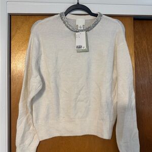 H&M white sweater with embellished collar NWT
